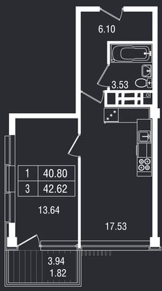Продажа 1-комнатной квартиры 42,6 м², 2/8 этаж