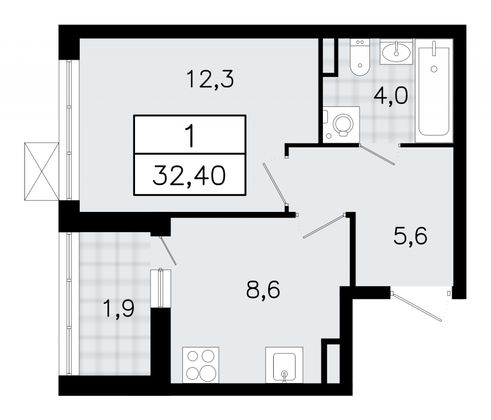 32,4 м², 1-комн. квартира, 7/12 этаж