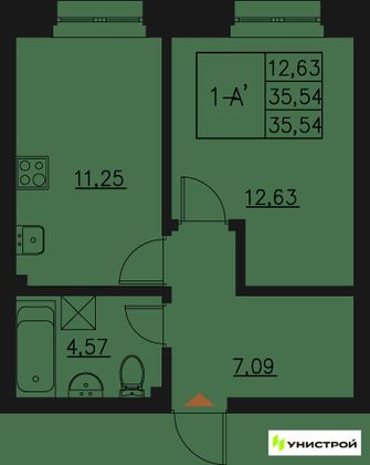 35,5 м², 1-комн. квартира, 2/20 этаж