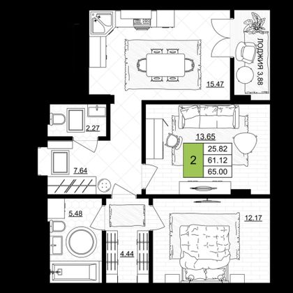 Продажа 2-комнатной квартиры 65 м², 2/6 этаж