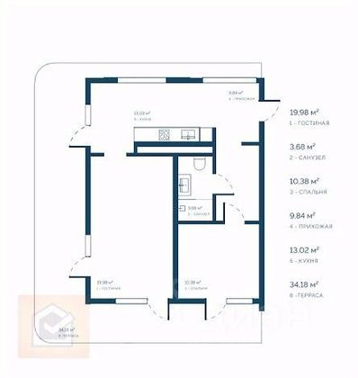 Продажа 1-комнатной квартиры 90,1 м², 5/9 этаж