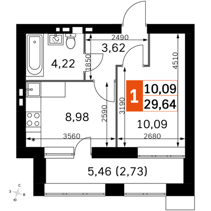 29,6 м², 1-комн. квартира, 4/4 этаж