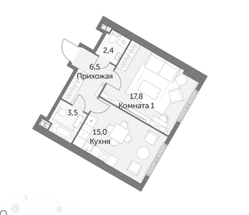 Продажа 2-комнатной квартиры 44 м², 23/48 этаж