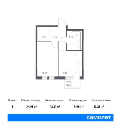 34,9 м², 1-комн. квартира, 6/17 этаж