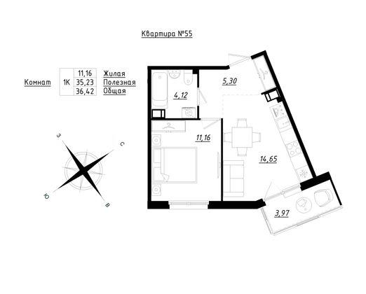 36,4 м², 2-комн. квартира, 2/5 этаж