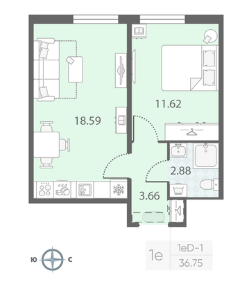 Продажа 1-комнатной квартиры 36,8 м², 19/23 этаж