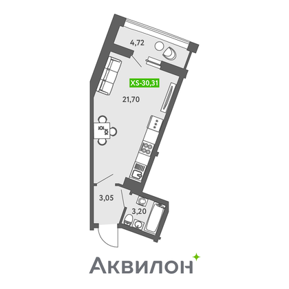 30,5 м², студия, 6/13 этаж