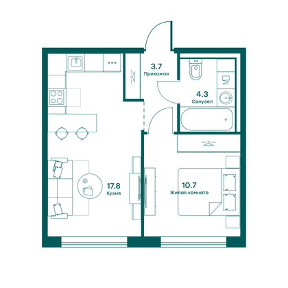 36,5 м², 1-комн. квартира, 2 этаж