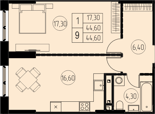 44,6 м², 1-комн. квартира, 8/28 этаж