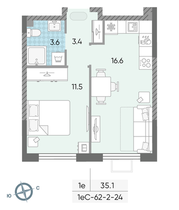 Продажа 1-комнатной квартиры 35,1 м², 23/24 этаж