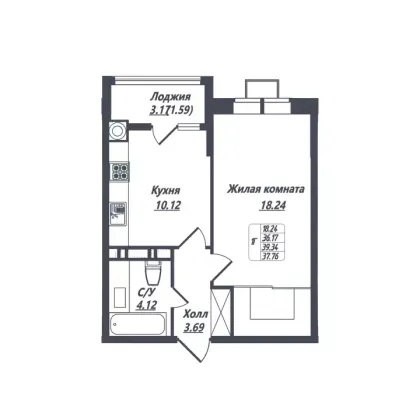 Продажа 1-комнатной квартиры 37,8 м², 4/8 этаж