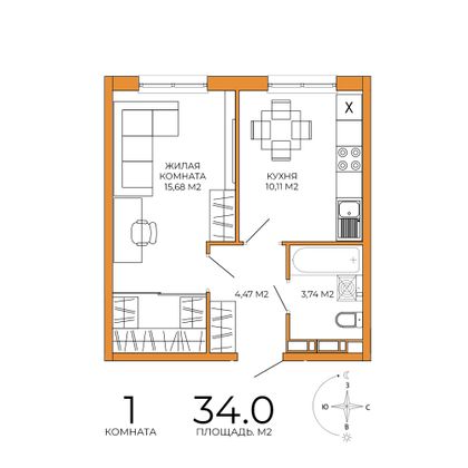 34 м², 1-комн. квартира, 3/18 этаж