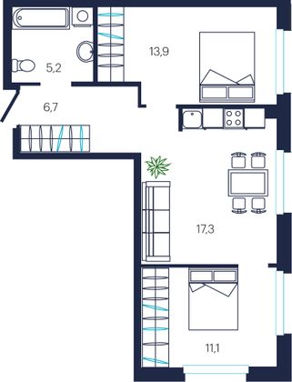 56,5 м², 2-комн. квартира, 13/19 этаж