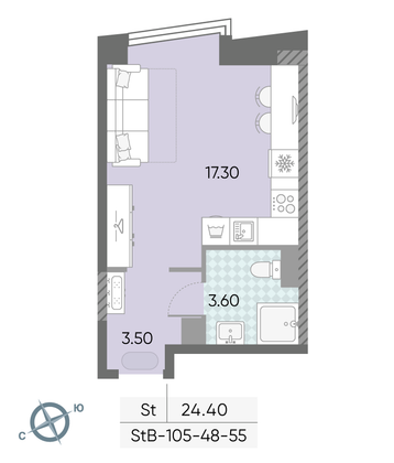 Продажа квартиры-студии 24,4 м², 52/58 этаж