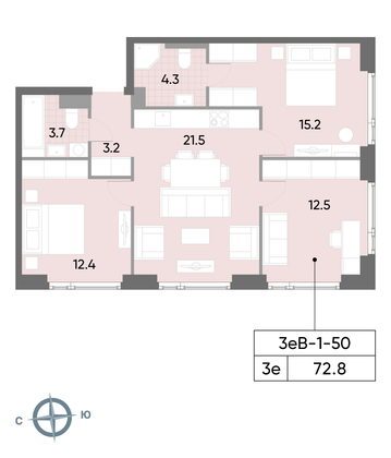 72,8 м², 3-комн. квартира, 50/52 этаж