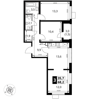 68,2 м², 3-комн. квартира, 23/25 этаж