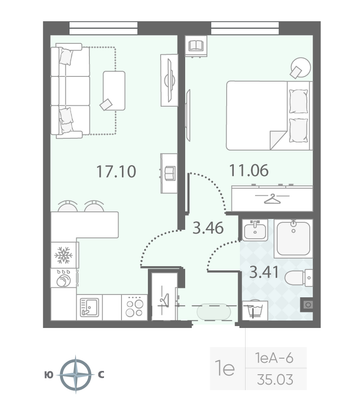 Продажа 1-комнатной квартиры 35 м², 2/23 этаж