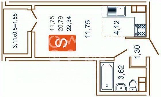 22,3 м², студия, 7/16 этаж