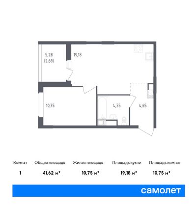 41,6 м², 1-комн. квартира, 18/23 этаж