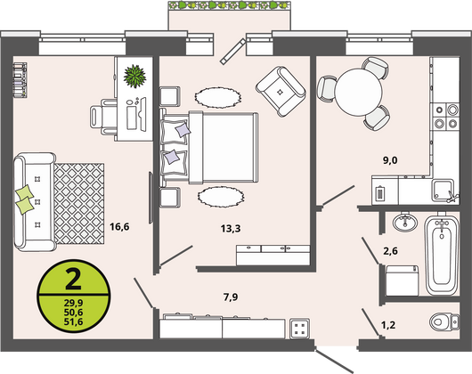 50,6 м², 2-комн. квартира, 2/3 этаж