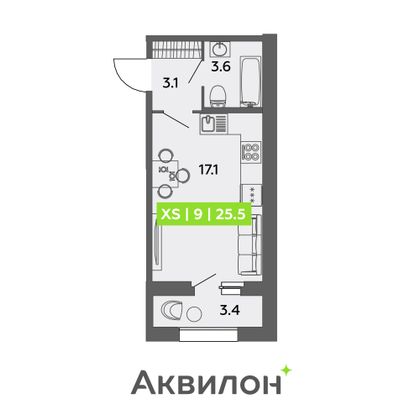 25,5 м², студия, 1/13 этаж