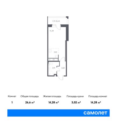 26,6 м², студия, 4/9 этаж