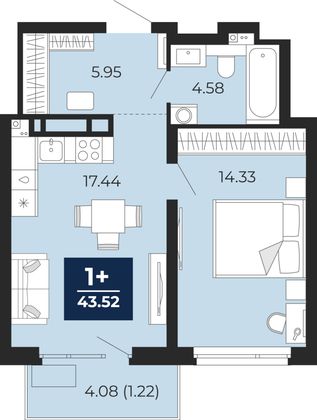 43,5 м², 1-комн. квартира, 10/22 этаж