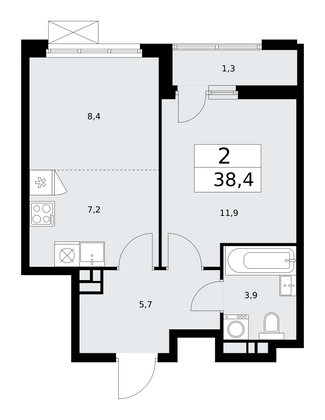 38,4 м², 2-комн. квартира, 4/18 этаж