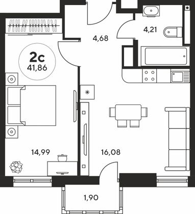 41,7 м², 2-комн. квартира, 22 этаж