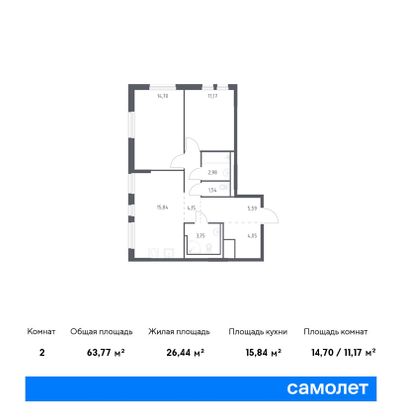 63,8 м², 2-комн. квартира, 15/17 этаж