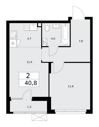 40,8 м², 2-комн. квартира, 2/15 этаж