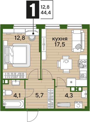 Продажа 1-комнатной квартиры 44,4 м², 8/16 этаж