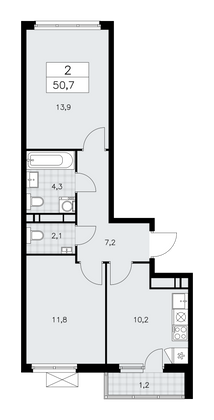 50,7 м², своб. планировка, 16/16 этаж