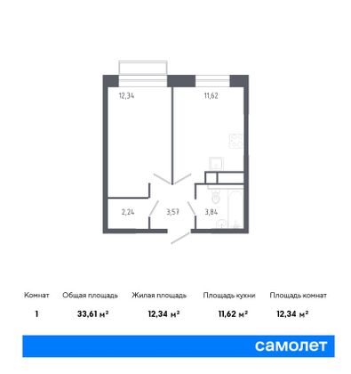 33,6 м², 1-комн. квартира, 22/22 этаж