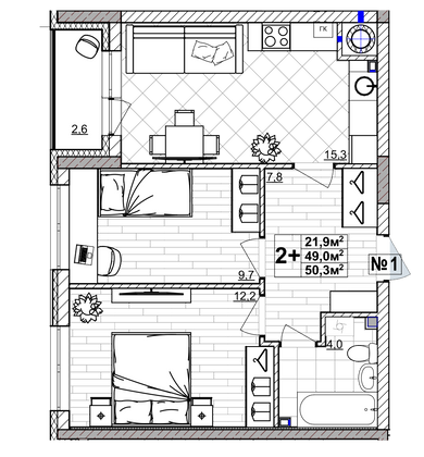 Продажа 2-комнатной квартиры 50,3 м², 1/4 этаж