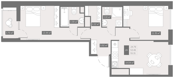 55,3 м², 2-комн. квартира, 10/10 этаж