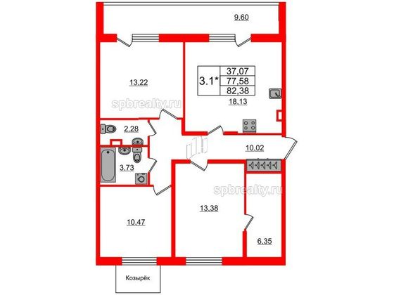 Продажа 3-комнатной квартиры 77,6 м², 1/8 этаж