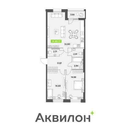 85,8 м², 2-комн. квартира, 1/12 этаж