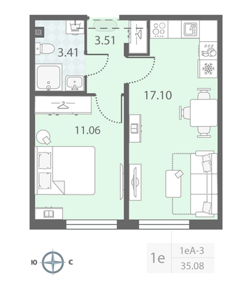 Продажа 1-комнатной квартиры 35,1 м², 2/23 этаж