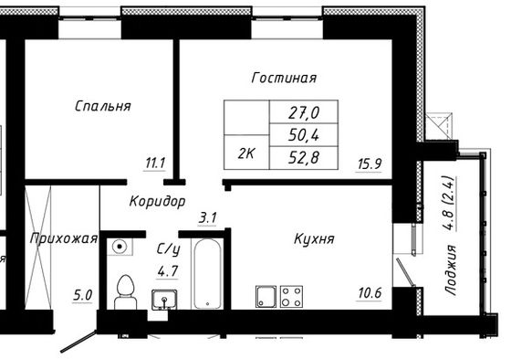 Продажа 2-комнатной квартиры 52,8 м², 6/10 этаж