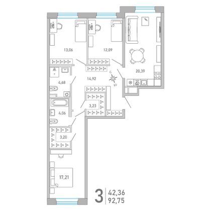 92,8 м², 3-комн. квартира, 2/10 этаж