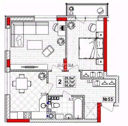 Продажа 2-комнатной квартиры 56,6 м², 3/4 этаж