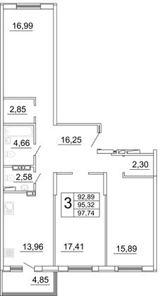 97,7 м², 3-комн. квартира, 2/27 этаж