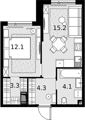 39,1 м², 1-комн. квартира, 24/28 этаж