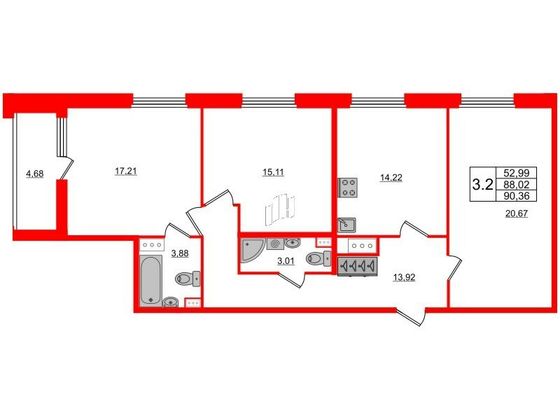 Продажа 3-комнатной квартиры 88 м², 8/9 этаж