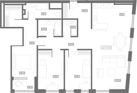 113,8 м², 3-комн. квартира, 1/6 этаж