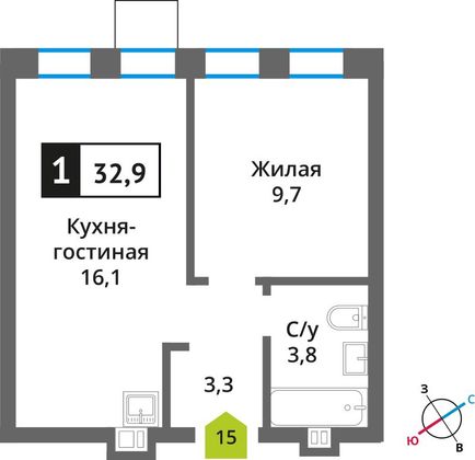 Продажа 1-комнатной квартиры 32,9 м², 3/6 этаж