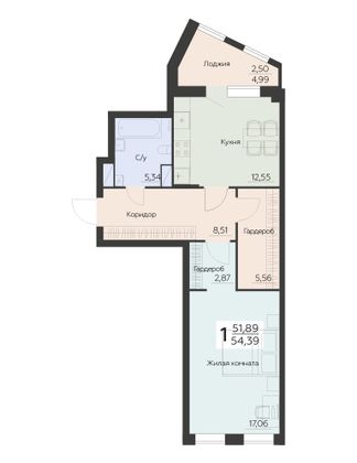 Продажа 1-комнатной квартиры 54,4 м², 7 этаж