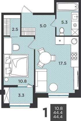 44,4 м², 2-комн. квартира, 1/9 этаж