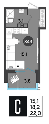 Продажа квартиры-студии 22 м², 6/9 этаж